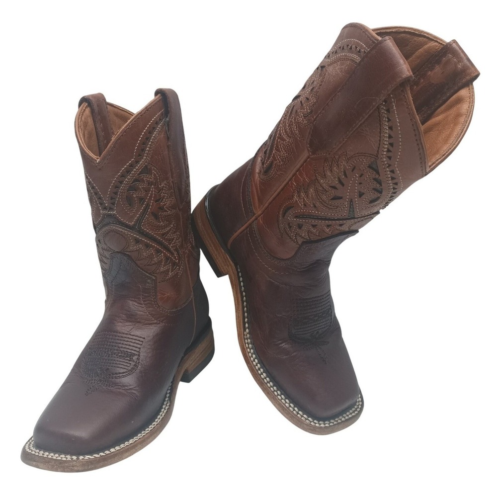 Texas Country Kids Brown Leather Western Cowboy Boots Square Toe Size 10.0